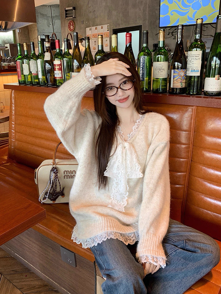 Lace Bowknot Cute Knit Sweater C0039