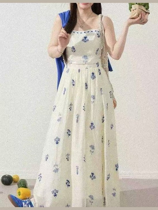 CRUSHPEACH Blue Celadon Embroidered Flower Pod MIDI  Dress