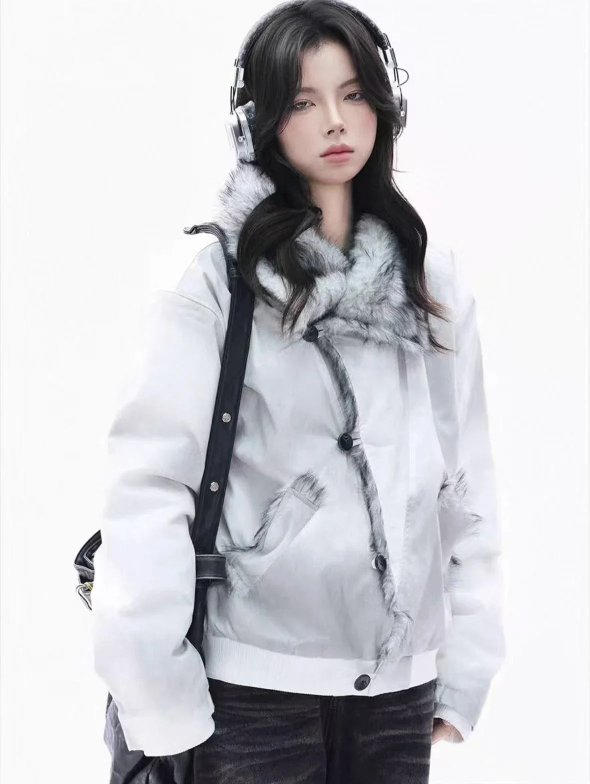 Asymmetric Button Dyed Puffer Jacket   f0386