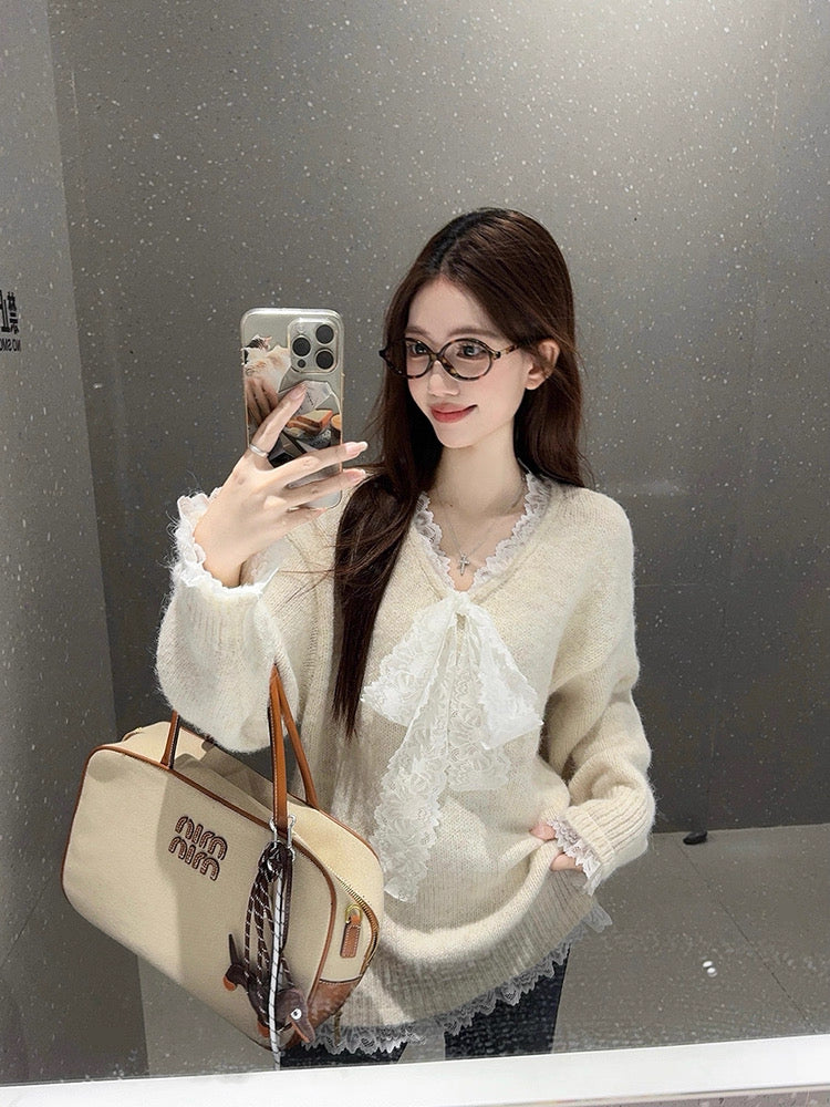 Lace Bowknot Cute Knit Sweater C0039