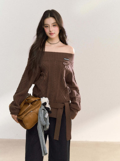 Women’s Off-Shoulder Bow-Knot Sweater with Side Slit C0001