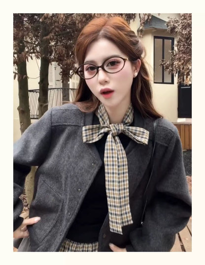 Wool-Blend Baseball Jacket Layered Long-Sleeve Tee & Pleated Skirt Set C0019