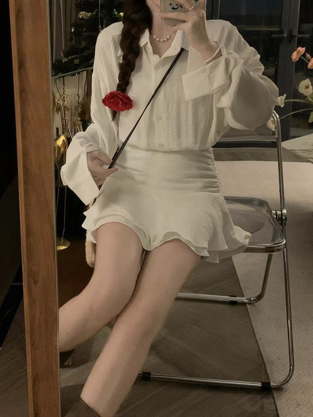 CRUSHPEACH Miss Soda OL Style Blouse White Dress-LONG SLEEVE