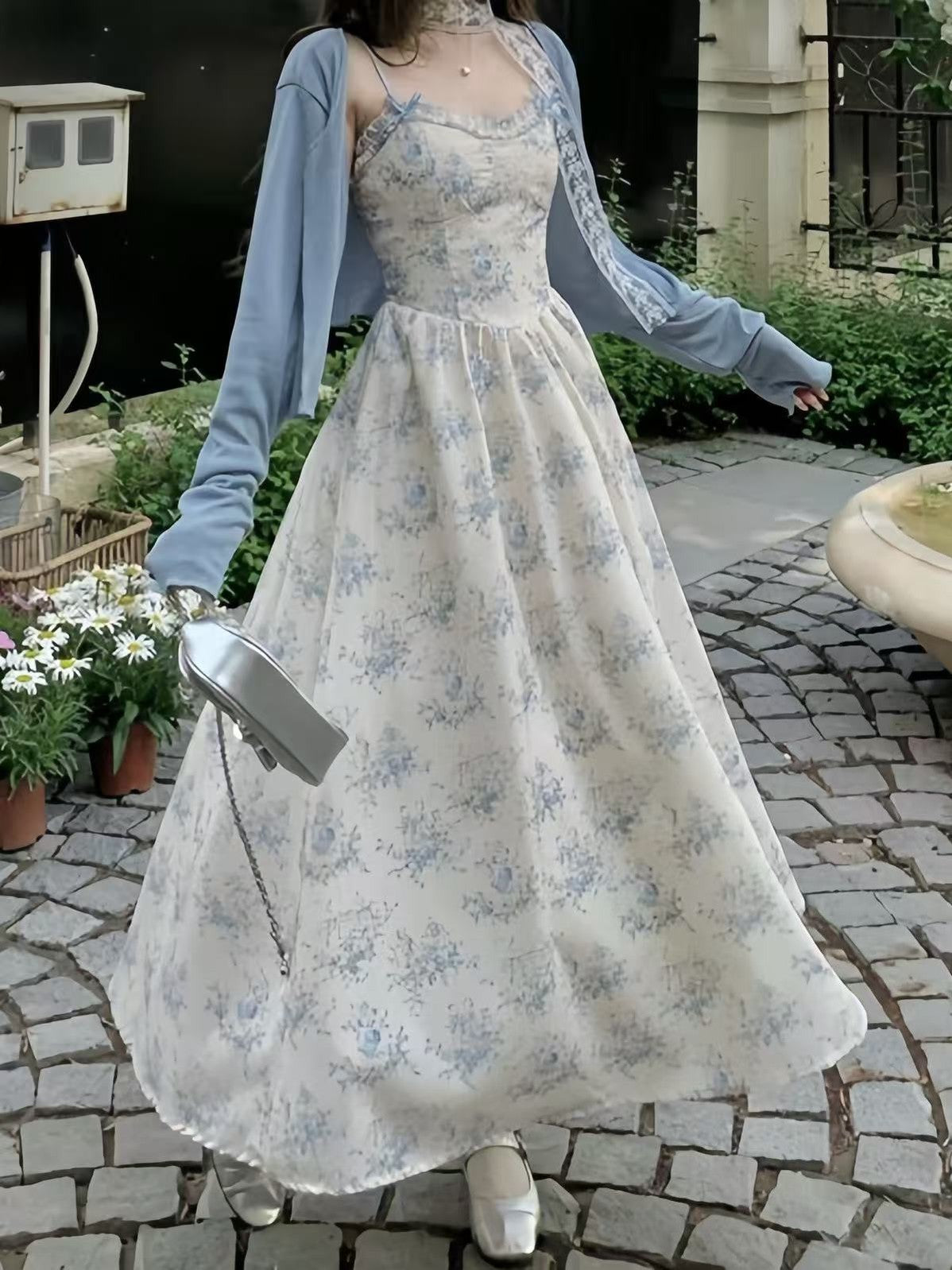 crushpeach Endless Summer Blue Bow  Floral Dress