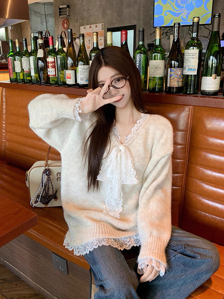 Lace Bowknot Cute Knit Sweater C0039