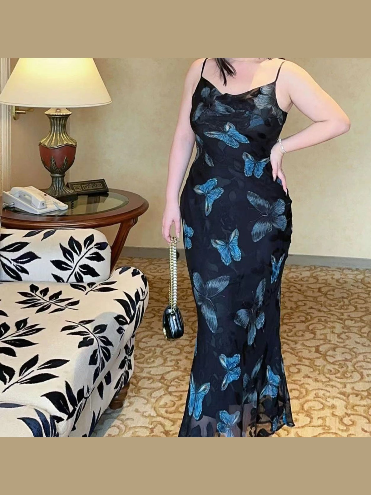 CRUSHPEACH vintage Blue Butterfly Vase Swing Neck Halter Dress