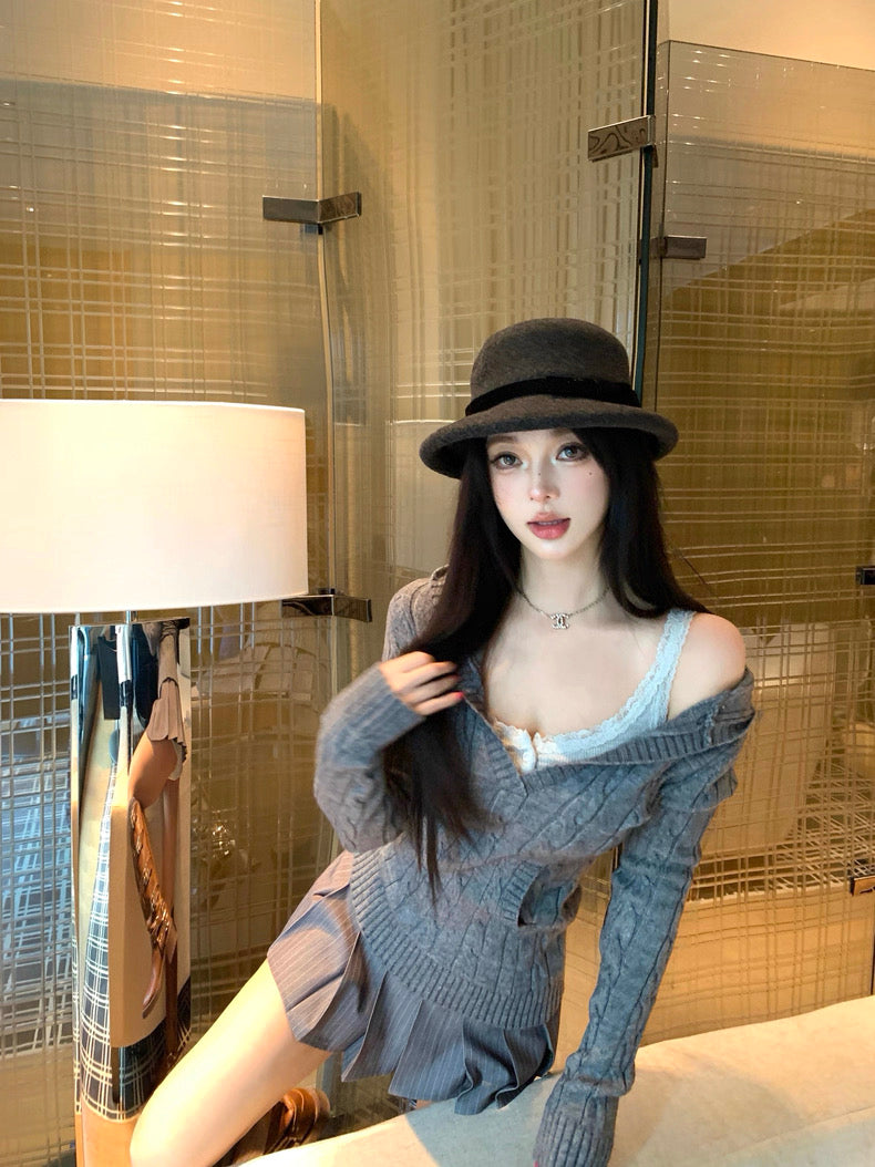 V-Neck Hooded Knitted Pullover for Women C0020