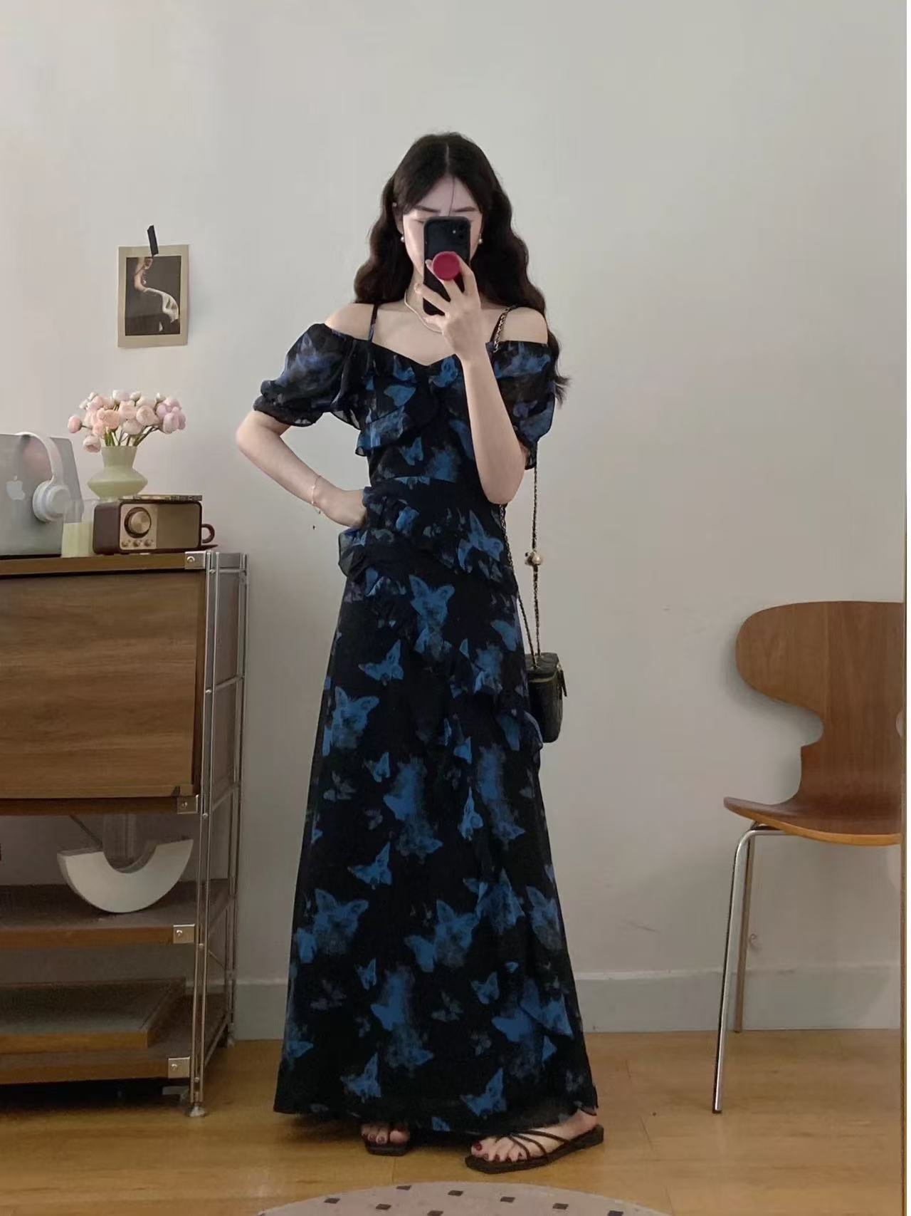 crushpeach dark blue butterfly Chiffon maxi Dress