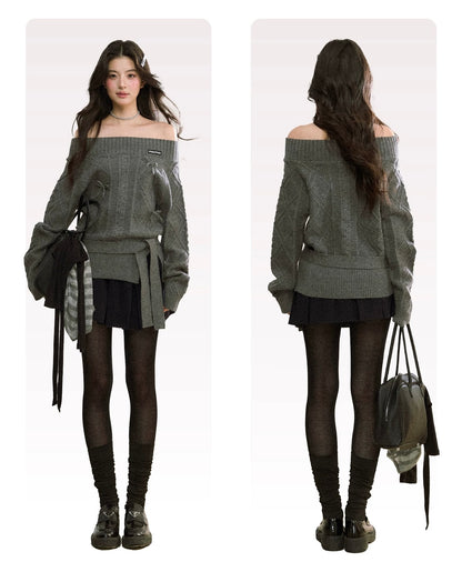 Women’s Off-Shoulder Bow-Knot Sweater with Side Slit C0001