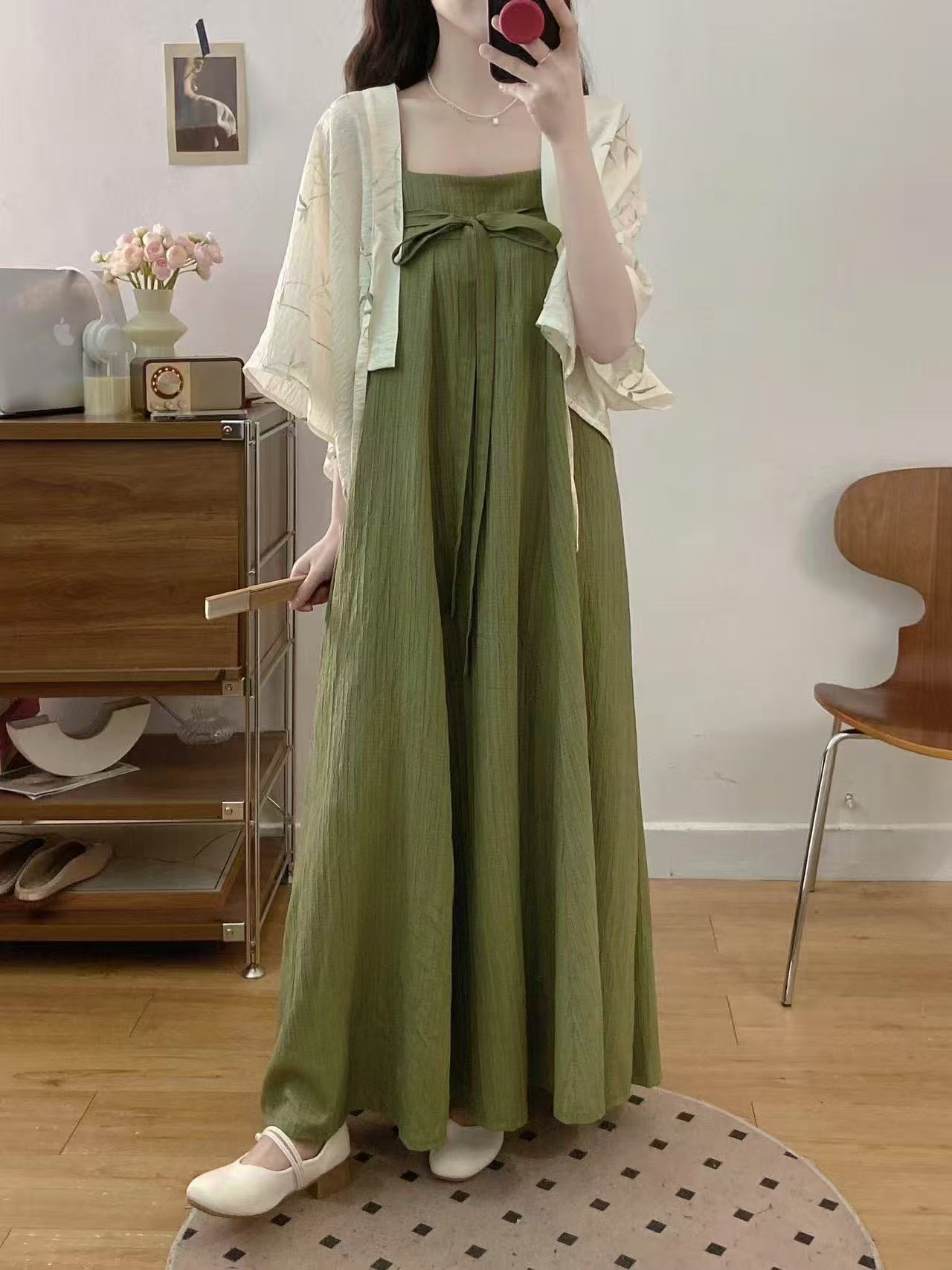 crushpeach Chinoiserie Endless Summer Mori bamboo green dress～2ways