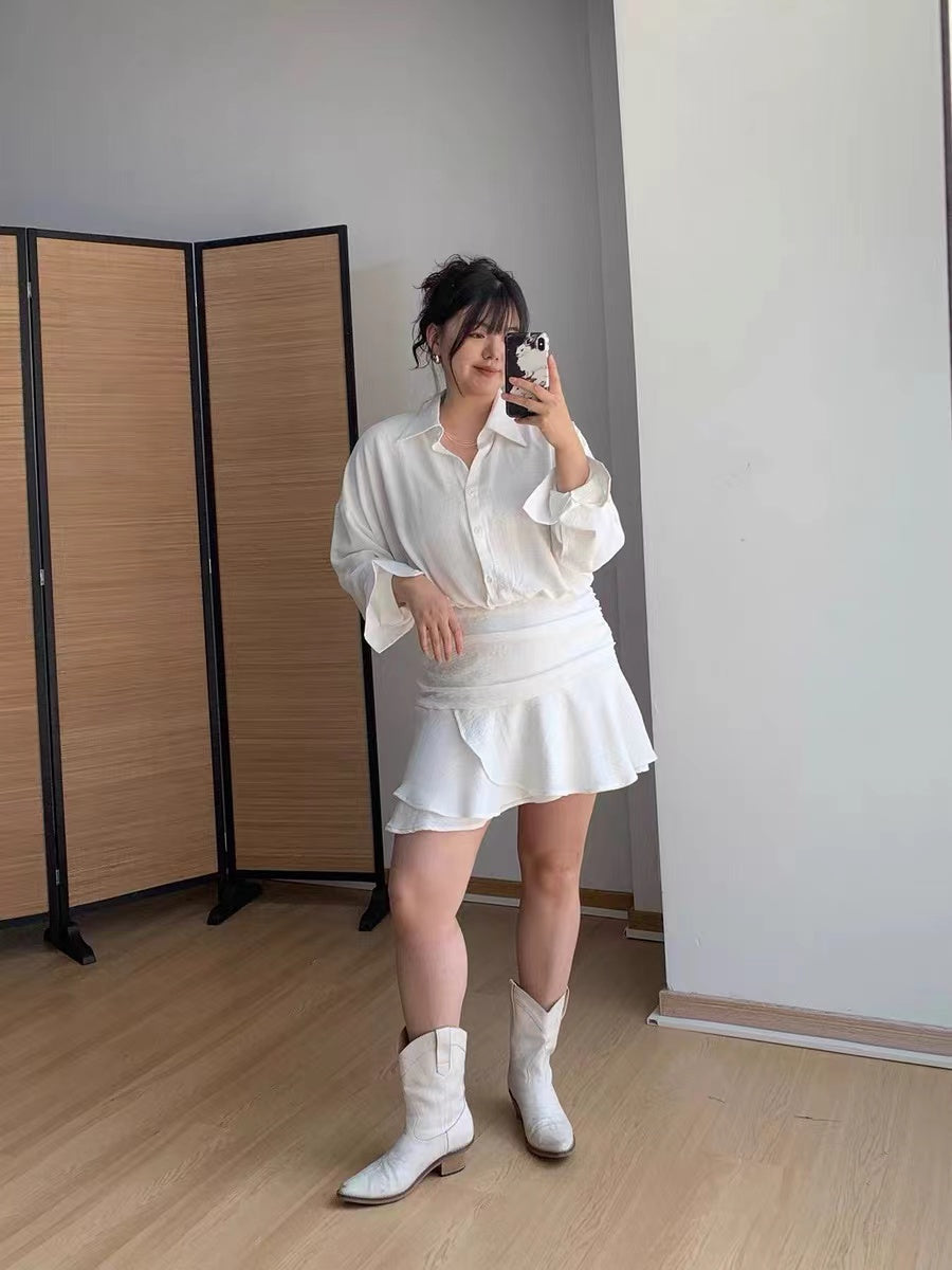 CRUSHPEACH Miss Soda OL Style Blouse White Dress-LONG SLEEVE