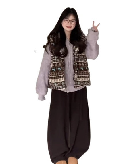 Vintage lamb wool short stand-up collar pattern vest f0279