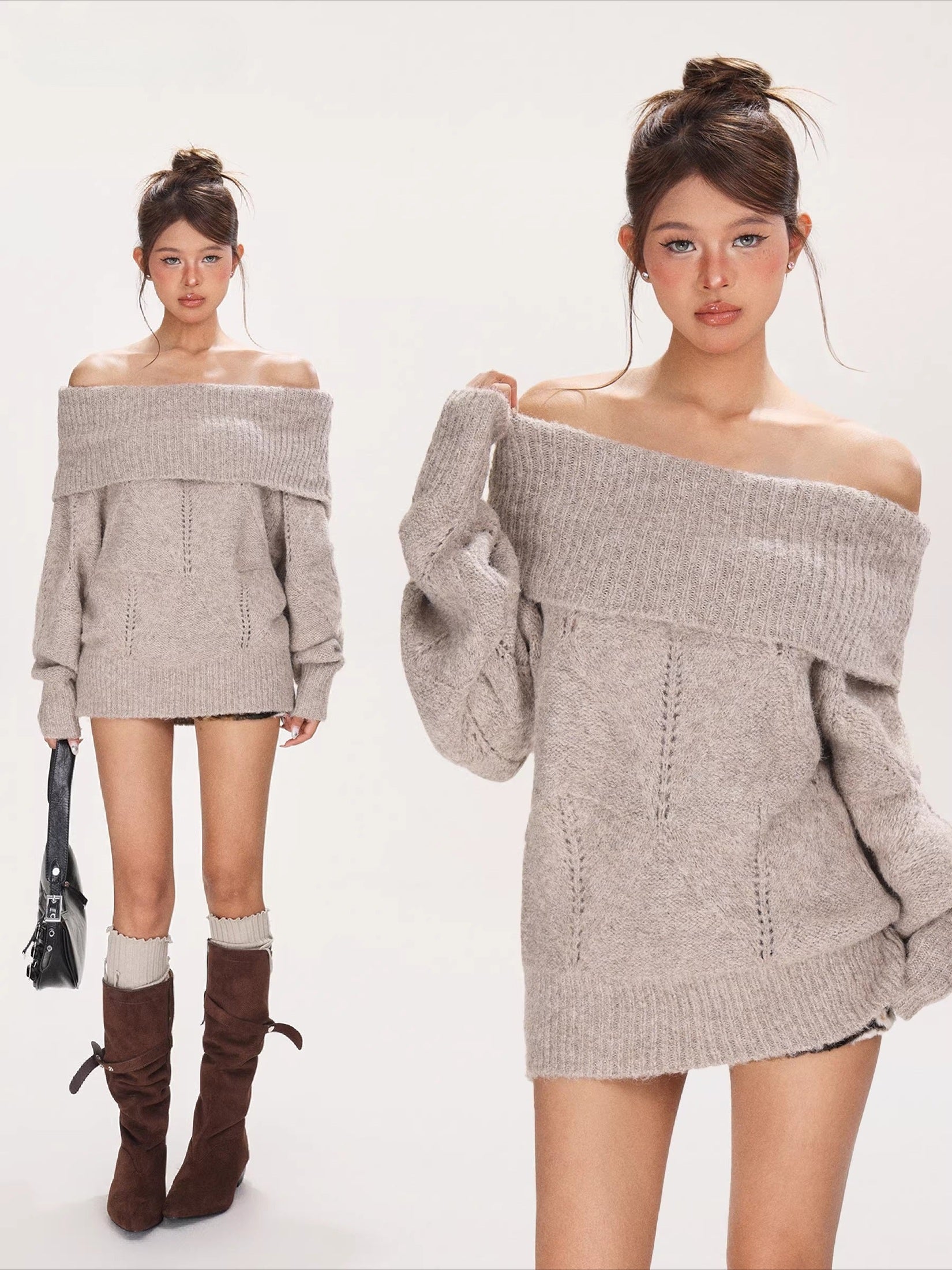 One-word shoulder knitted sweater off-the-shoulder sweater f0306