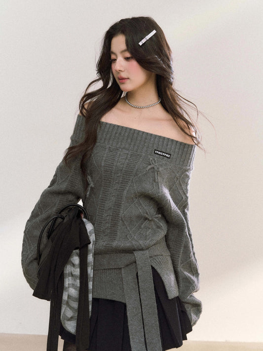 Women’s Off-Shoulder Bow-Knot Sweater with Side Slit C0001