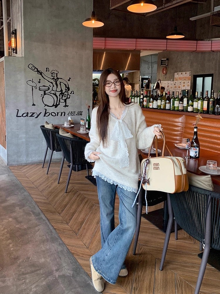 Lace Bowknot Cute Knit Sweater C0039
