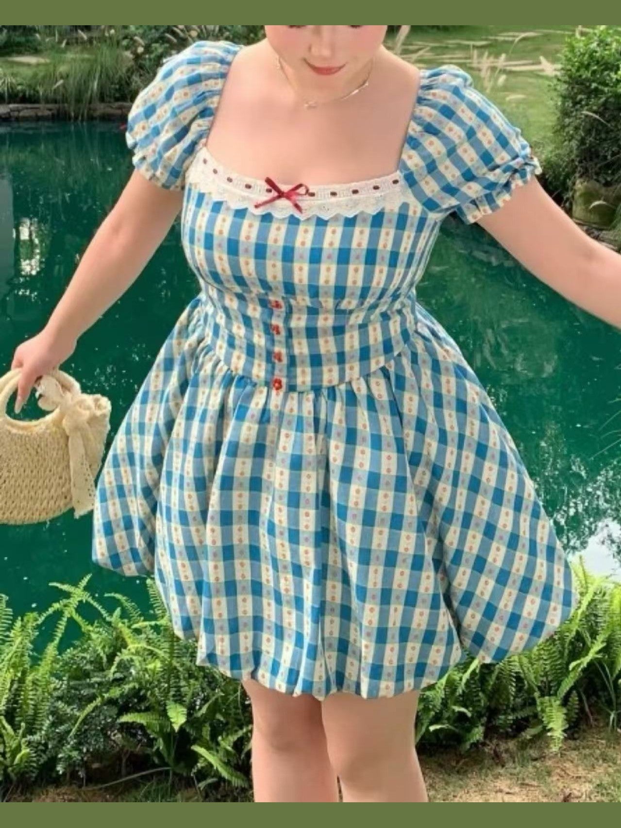 crushpeach cottagecore cloud puffy blue& white  plaid mini dress