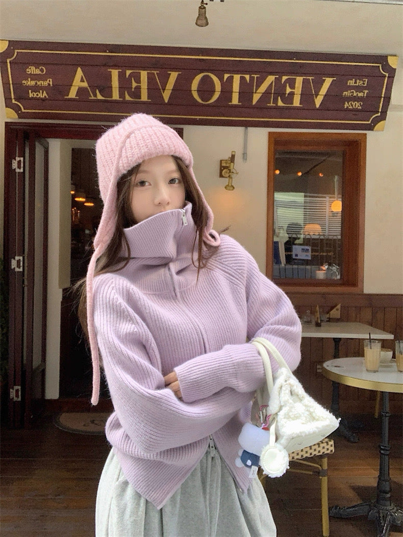 Zip-Up Stand Collar Knit Sweater Jacket C0021