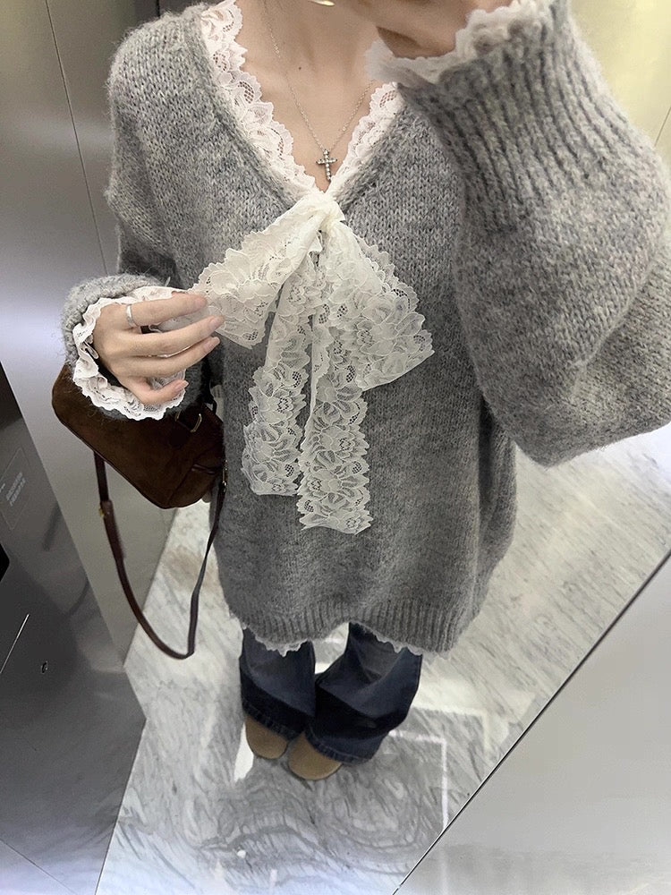 Lace Bowknot Cute Knit Sweater C0039