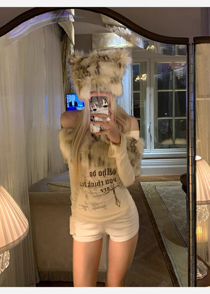 Faux Fur Off-Shoulder Long Sleeve Slim-Fit Waist-Cinching Top C0015