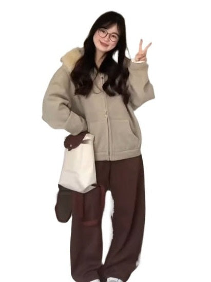 Sweet vintage fur collar hooded thickened coat f0269