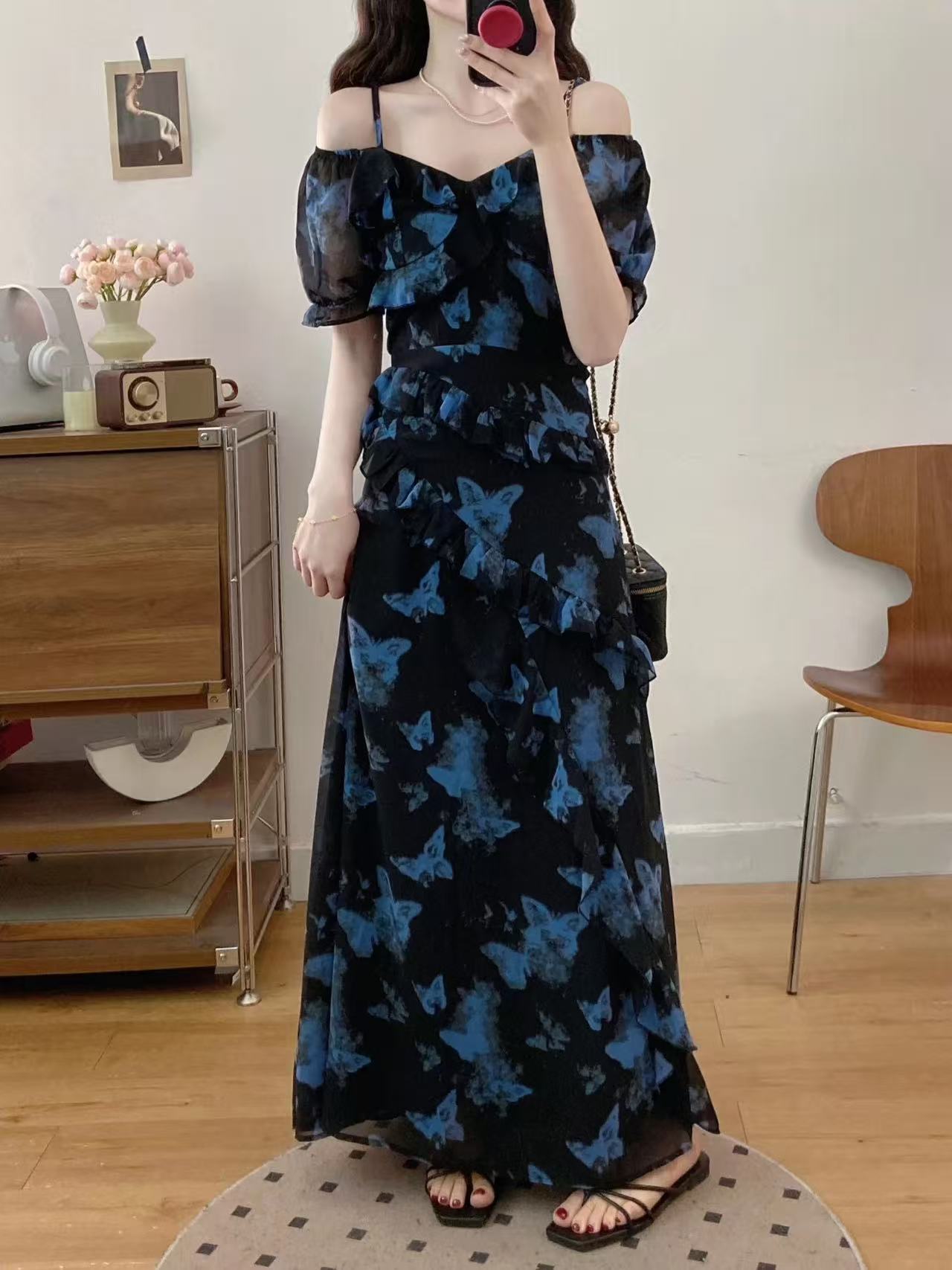 crushpeach dark blue butterfly Chiffon maxi Dress