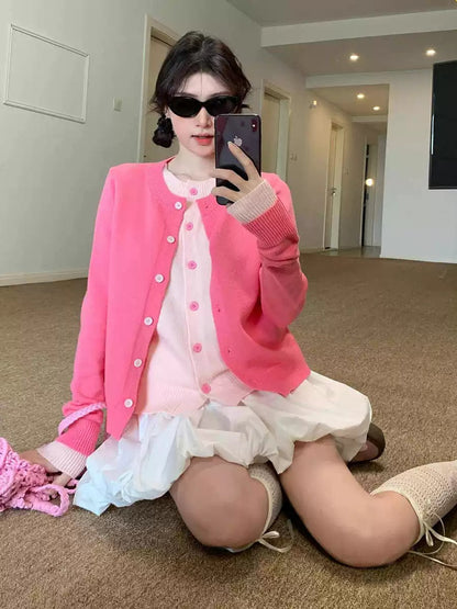 Women’s Pink Layered-Look Knit Cardigan C0011