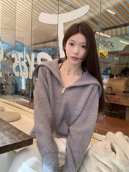 Zip-Up Stand Collar Knit Sweater Jacket C0021