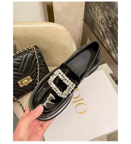 Women’s Rhinestone Square Buckle Platform Loafers S0006