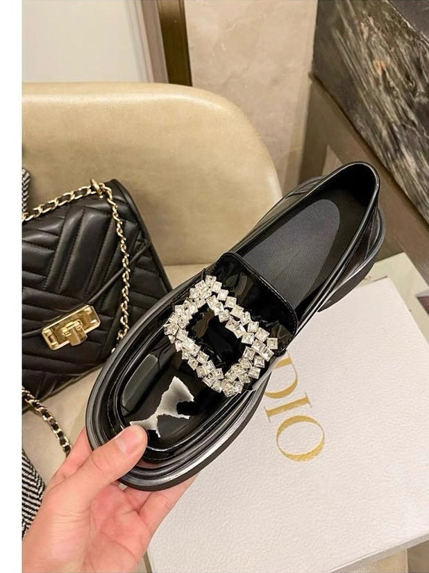 Women’s Rhinestone Square Buckle Platform Loafers S0006