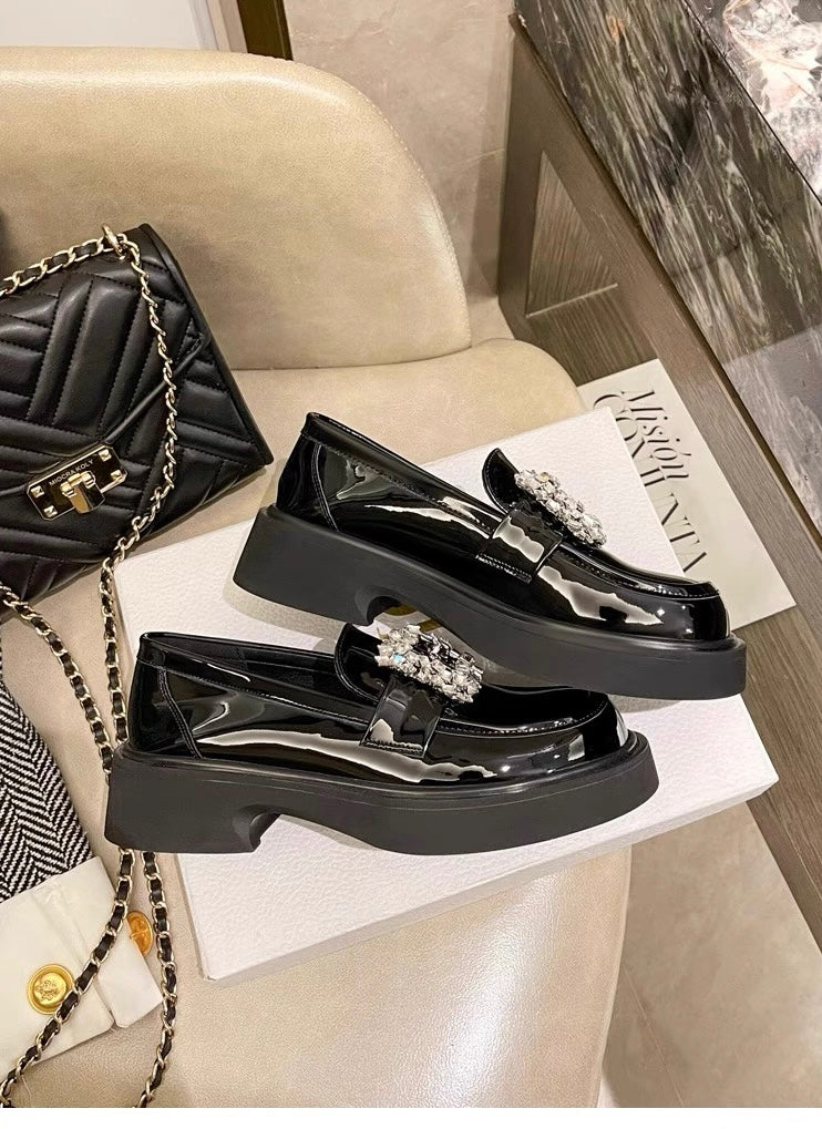 Women’s Rhinestone Square Buckle Platform Loafers S0006