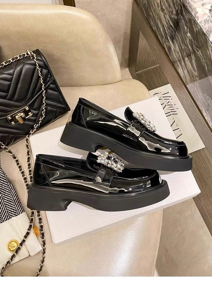 Women’s Rhinestone Square Buckle Platform Loafers S0006