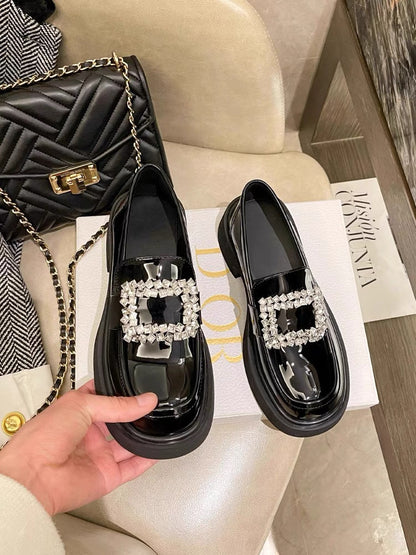 Women’s Rhinestone Square Buckle Platform Loafers S0006