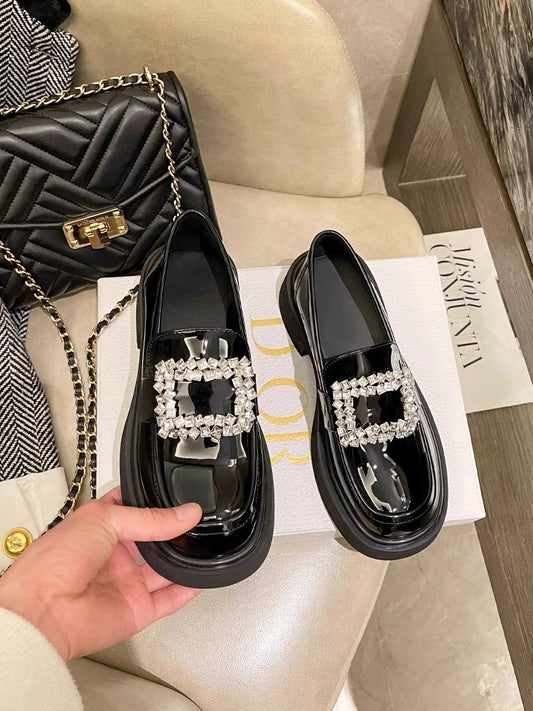 Women’s Rhinestone Square Buckle Platform Loafers S0006
