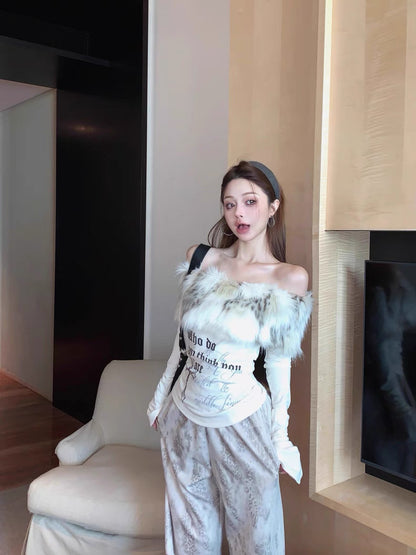 Faux Fur Off-Shoulder Long Sleeve Slim-Fit Waist-Cinching Top C0015