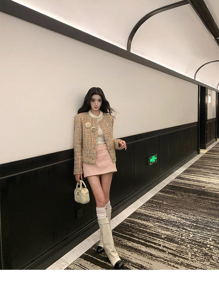 Round-Neck Elegant Tweed Jacket for Women C0005