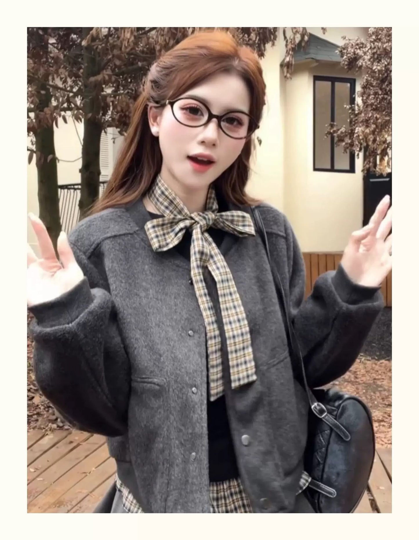 Wool-Blend Baseball Jacket Layered Long-Sleeve Tee & Pleated Skirt Set C0019