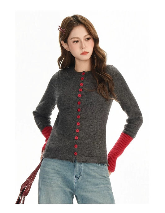Women’s Grey & Red Colorblock Knitted Zip Jacket C0028