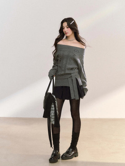 Women’s Off-Shoulder Bow-Knot Sweater with Side Slit C0001
