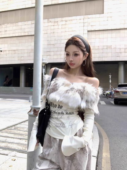 Faux Fur Off-Shoulder Long Sleeve Slim-Fit Waist-Cinching Top C0015