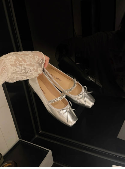 French Square-Toe Bow Ballet Flats S0008