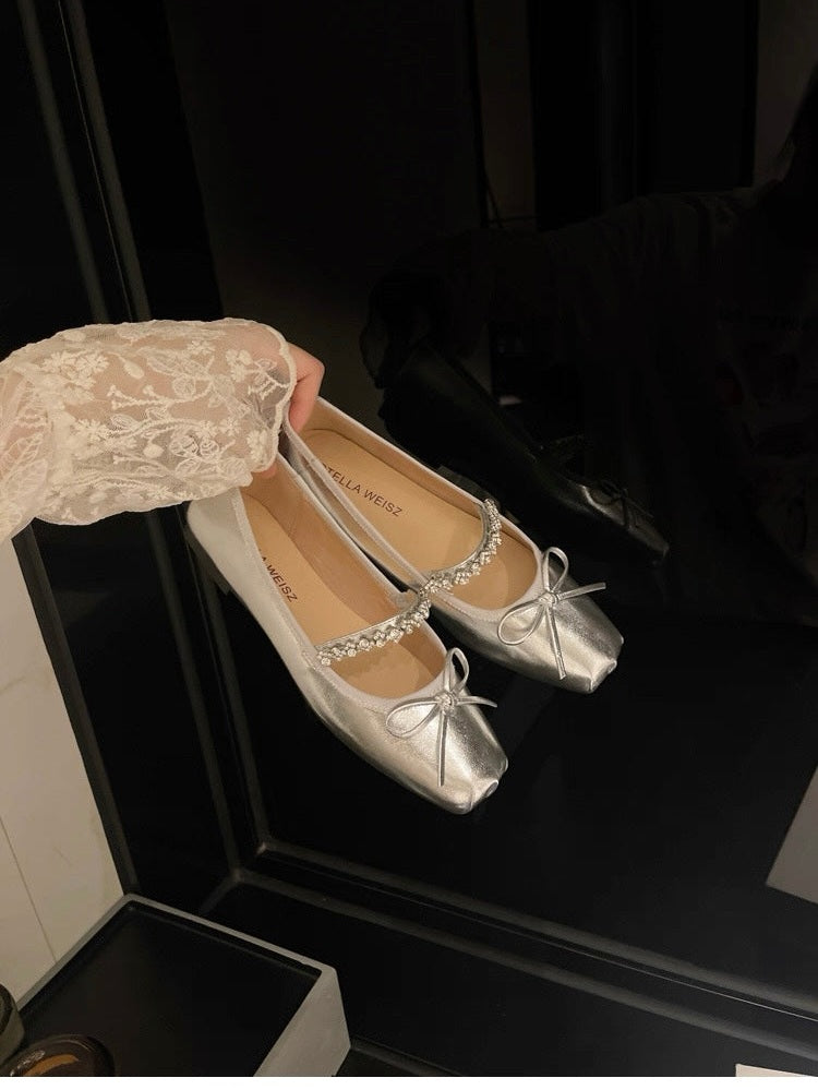 French Square-Toe Bow Ballet Flats S0008