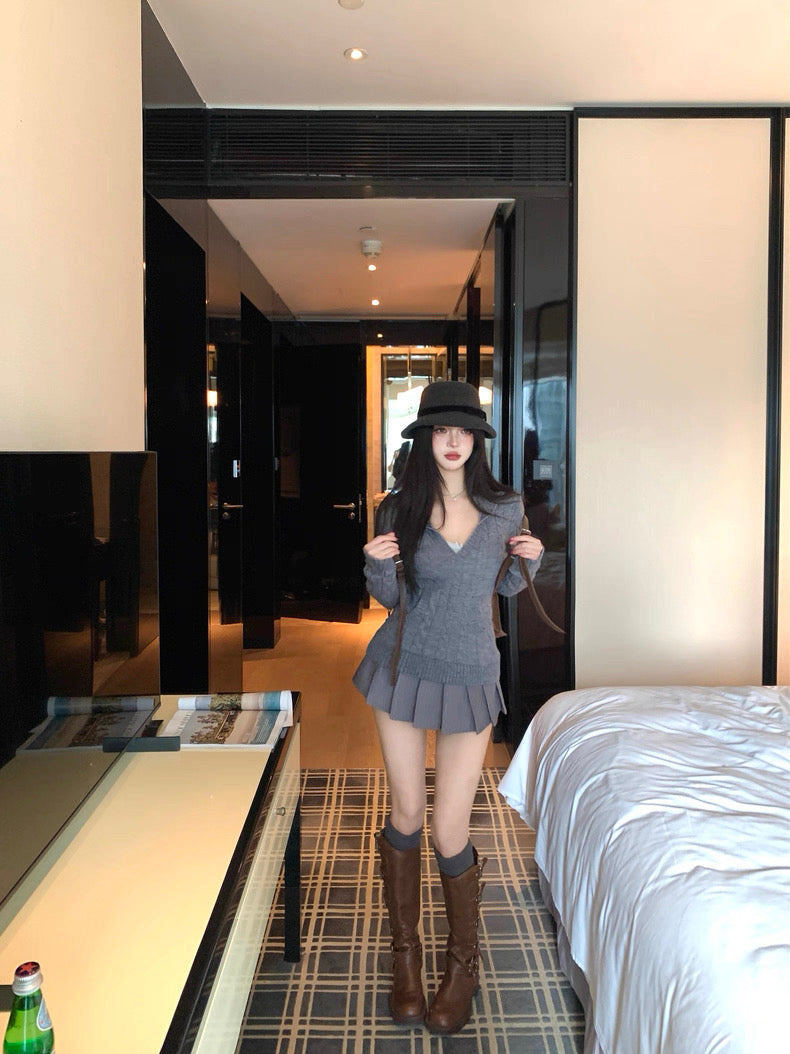 V-Neck Hooded Knitted Pullover for Women C0020