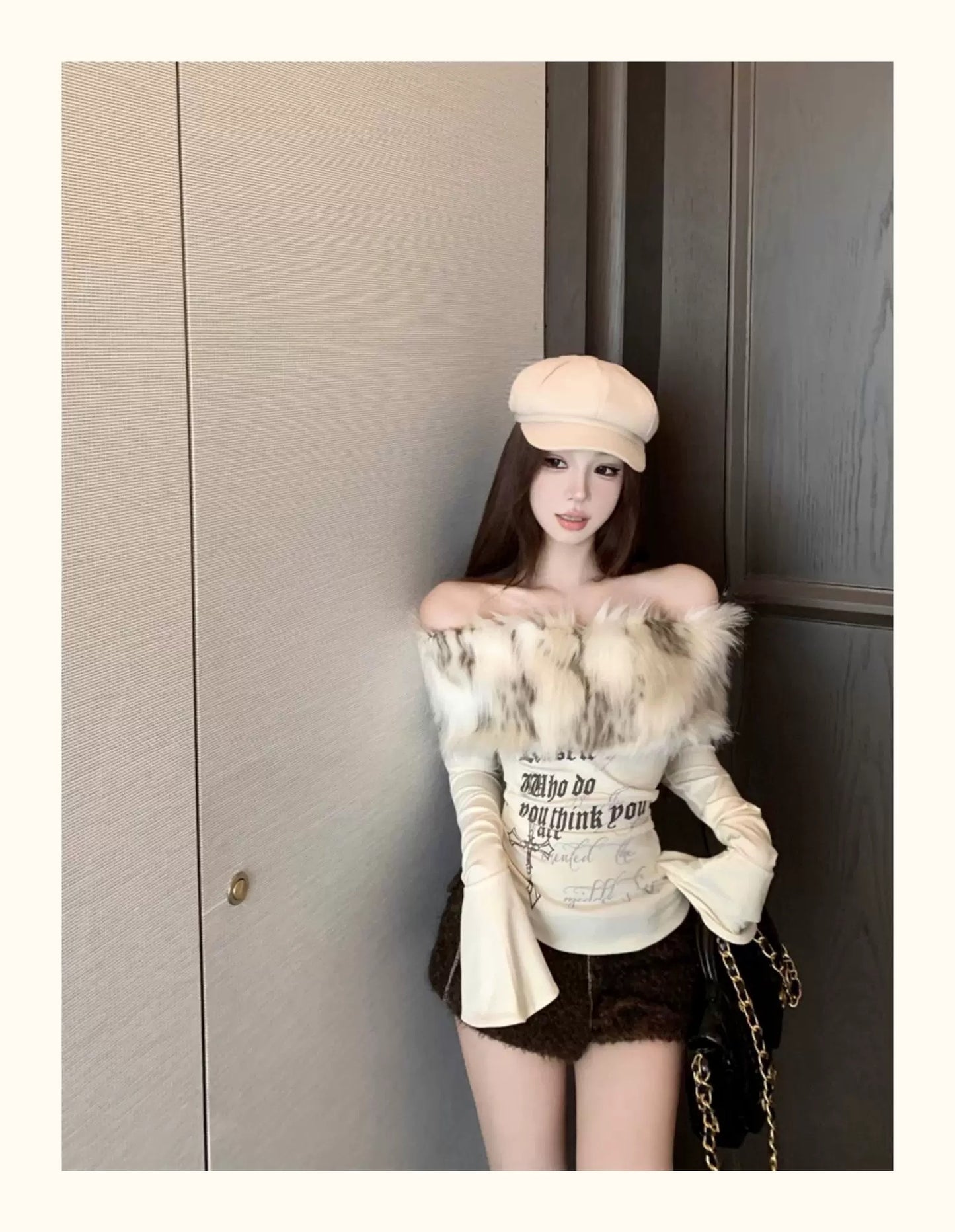 Faux Fur Off-Shoulder Long Sleeve Slim-Fit Waist-Cinching Top C0015