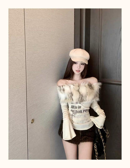Faux Fur Off-Shoulder Long Sleeve Slim-Fit Waist-Cinching Top C0015