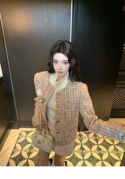 Round-Neck Elegant Tweed Jacket for Women C0005