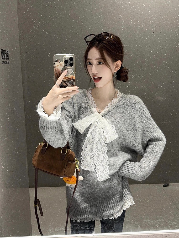 Lace Bowknot Cute Knit Sweater C0039