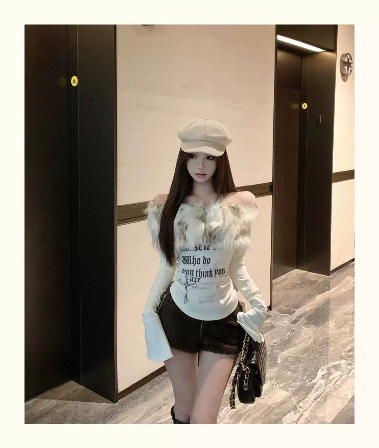 Faux Fur Off-Shoulder Long Sleeve Slim-Fit Waist-Cinching Top C0015