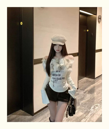 Faux Fur Off-Shoulder Long Sleeve Slim-Fit Waist-Cinching Top C0015