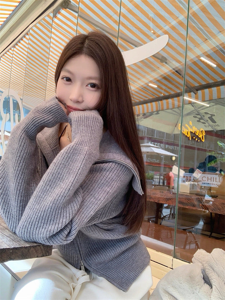 Zip-Up Stand Collar Knit Sweater Jacket C0021