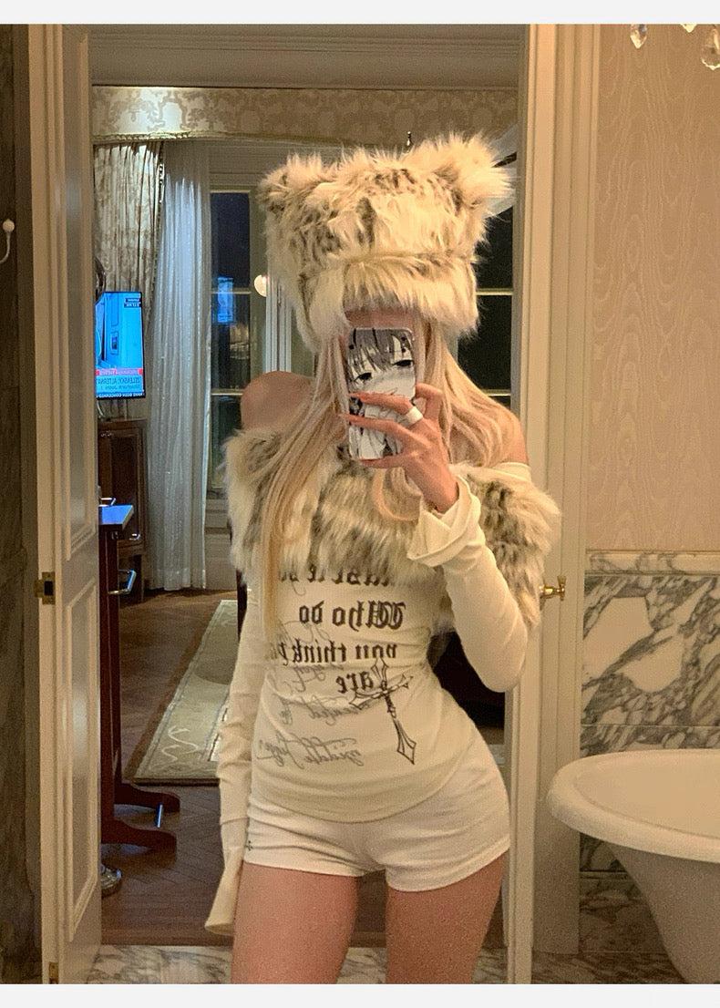 Faux Fur Off-Shoulder Long Sleeve Slim-Fit Waist-Cinching Top C0015